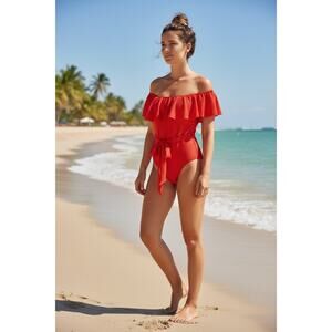 Athena Red Off Shoulder Ruffle One Piece Swimsuit Womens Size 12 Travel Cruise